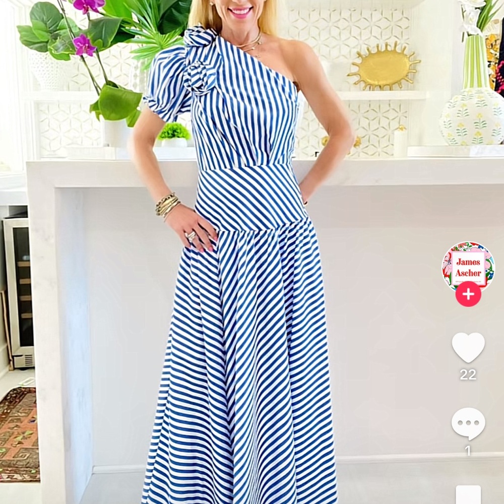 NWT James Ascher Blue & White Stripe one-shoulder Maxi w/ Flower Appliqué, Small